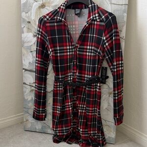 Rock & Republic Red and Black Plaid Shirt Dress with Braided Belt